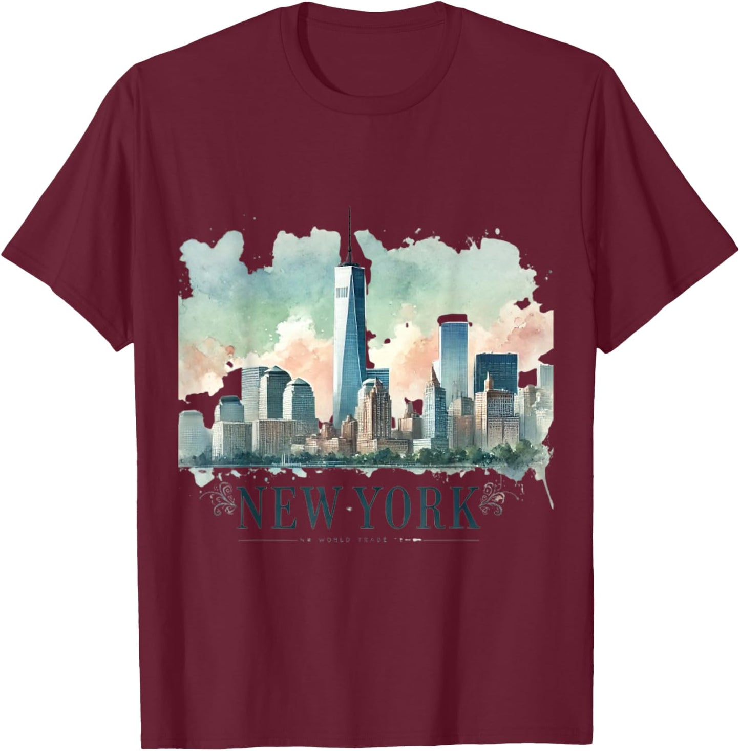 Freedom Tower New York City Watercolor Twin Towers Memorial T-Shirt - T-Shirt | Maroon