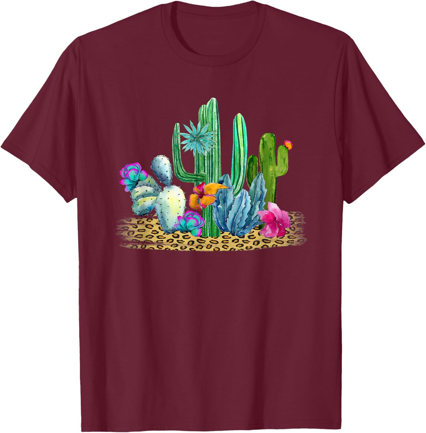 Desert Cactus Leopard Print Watercolor Boho Wanderlust T-Shirt - T-Shirt | Maroon