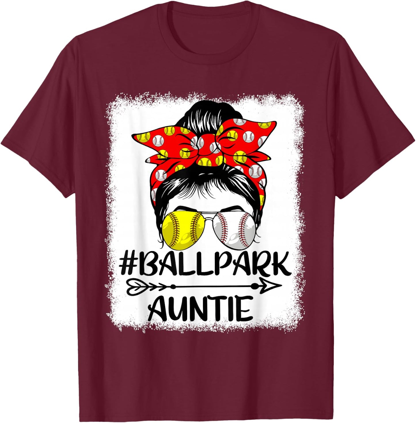 Messy Bun Hair BallPark Auntie Softball Baseball Mothers Day T-Shirt - T-Shirt | Maroon