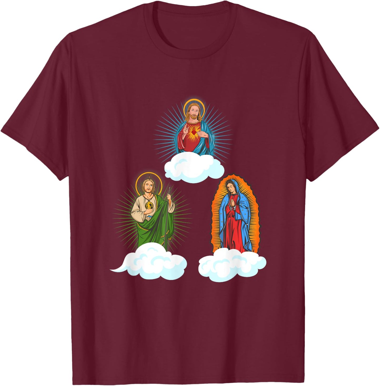 Jesus. Virgen María y San Judas Tadeo In Clouds T-Shirt - T-Shirt | Maroon