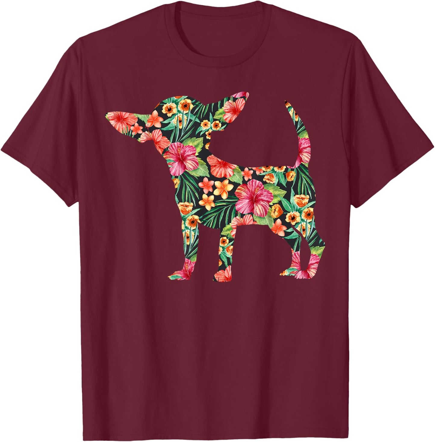 Chihuahua Flower Funny Dog Silhouette Floral Gifts Women Men T-Shirt - T-Shirt | Maroon