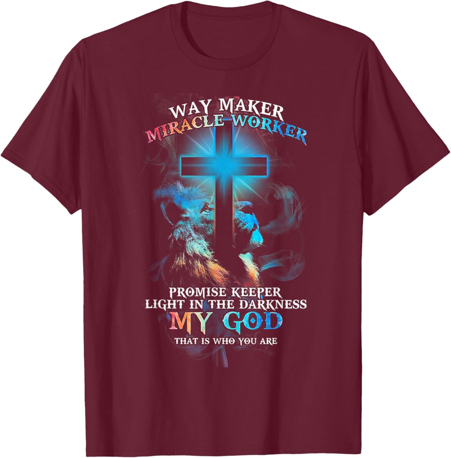 Lion Cross Light Colourful Waymaker Miracle Worker T-Shirt - T-Shirt | Maroon