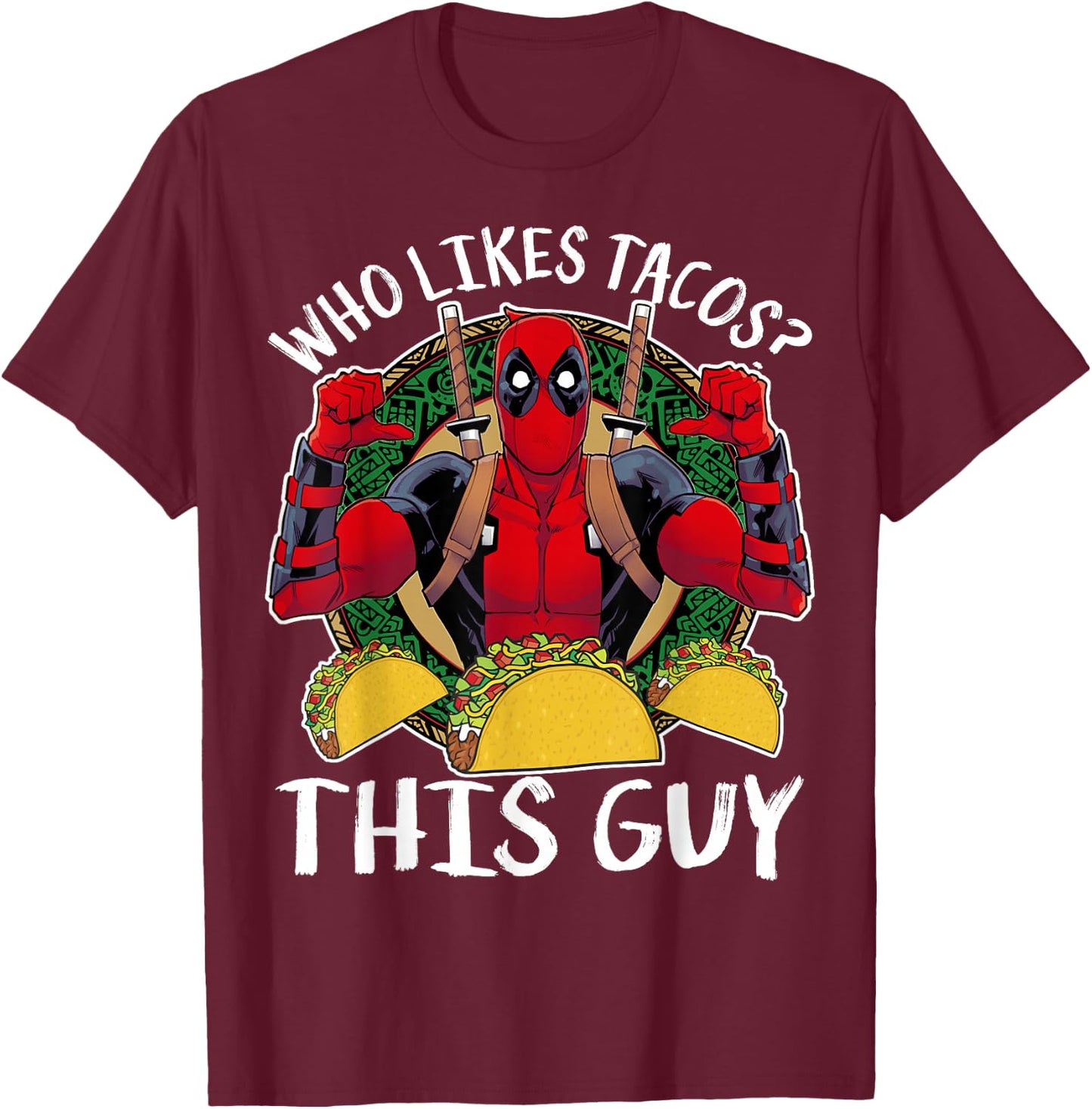 Marvel Deadpool Who Likes Tacos? This Guy Thumbs T-Shirt - T-Shirt | Maroon