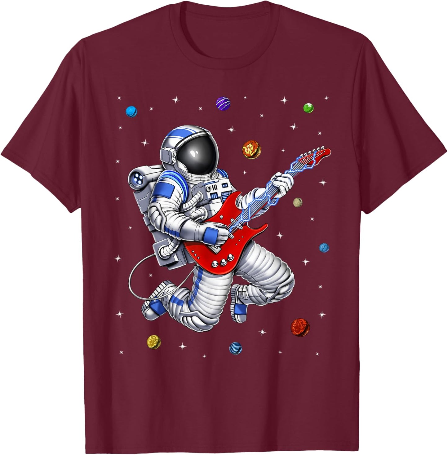 Space Astronaut Playing Electric Guitar Musician Guitarist T-Shirt - T-Shirt | Maroon