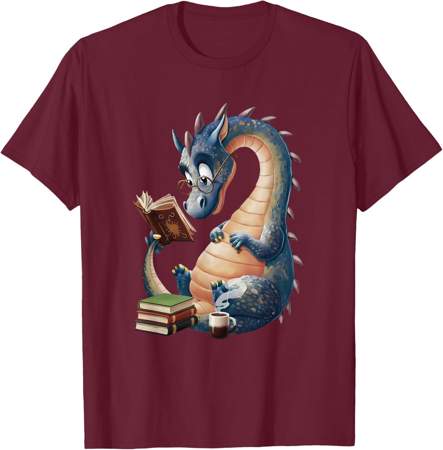 Cute Book Dragon Reading Lover Fantasy Design T-Shirt - T-Shirt | Maroon