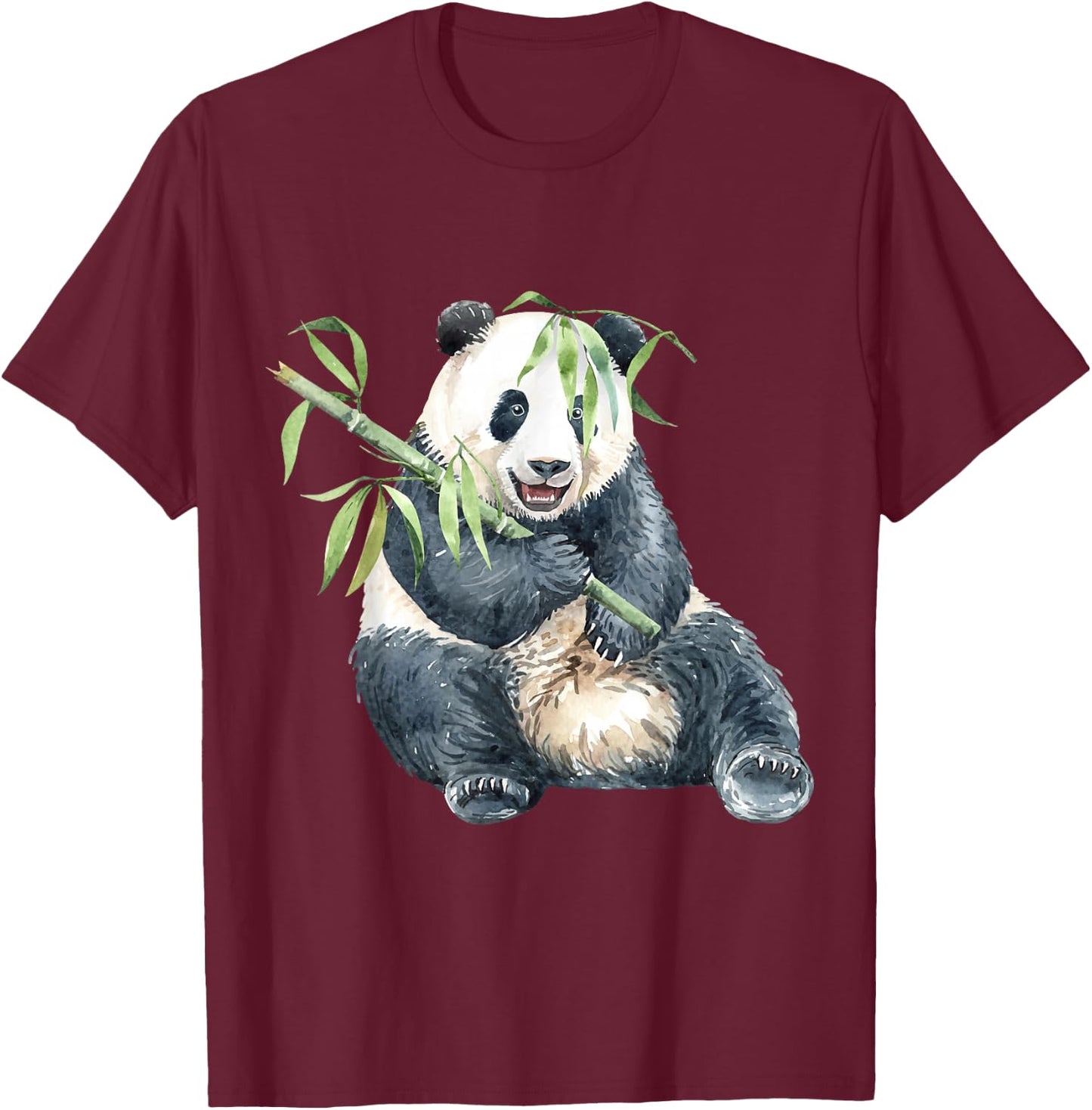Panda Eating Bambus Watercolor T-Shirt - T-Shirt | Maroon