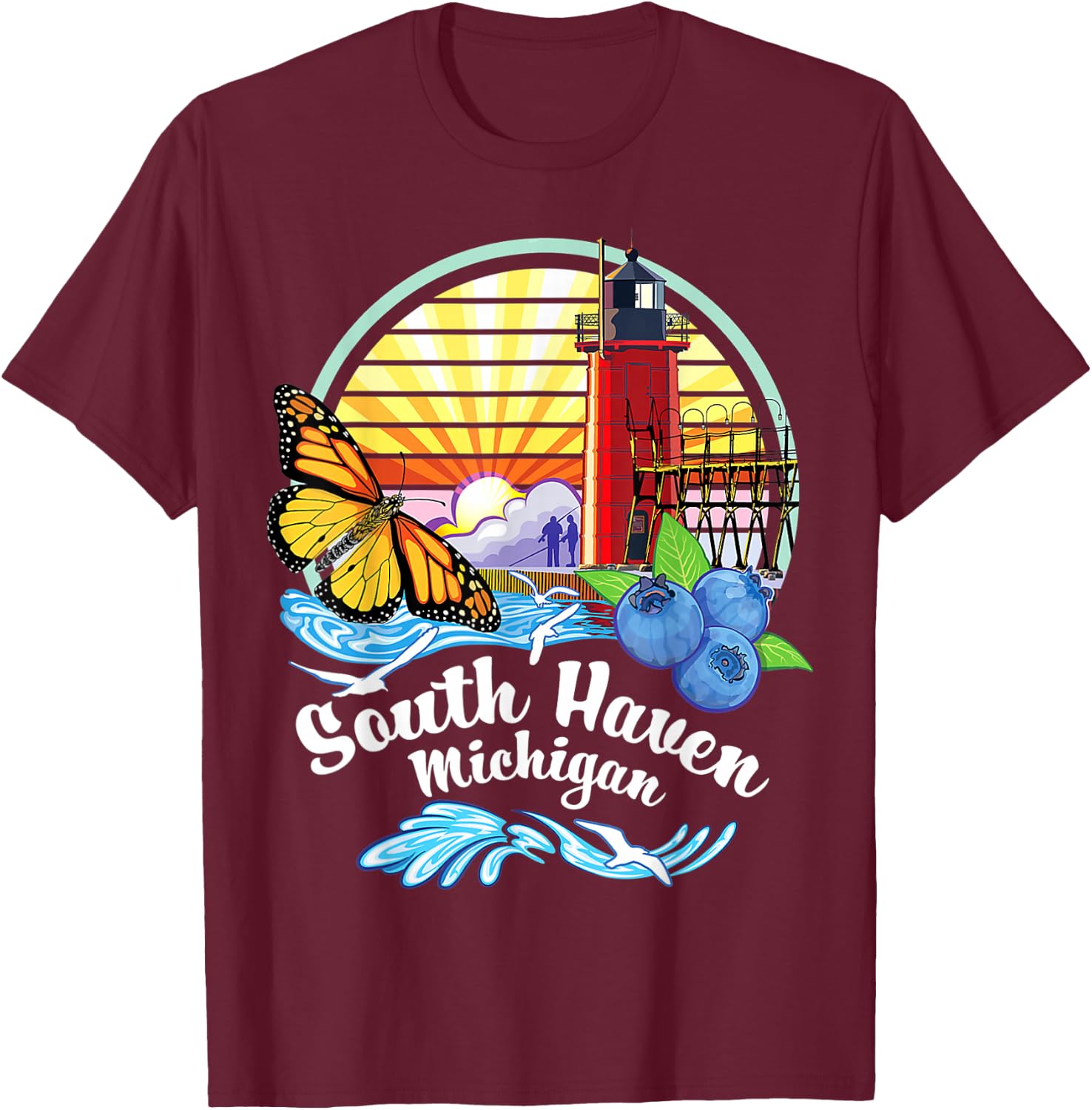 Monarch Butterfly Beach - South Haven Michigan Lighthouse T-Shirt - T-Shirt | Maroon