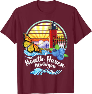 Monarch Butterfly Beach - South Haven Michigan Lighthouse T-Shirt - T-Shirt | Maroon