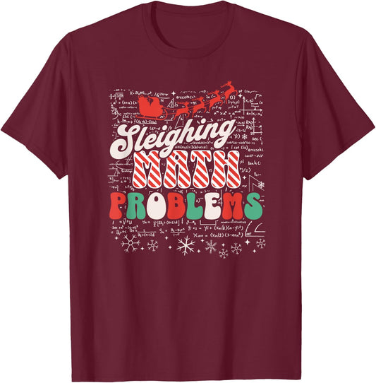 Sleighing Math Problems - Funny Christmas Math Teacher Santa Women T-Shirt - T-Shirt | Maroon