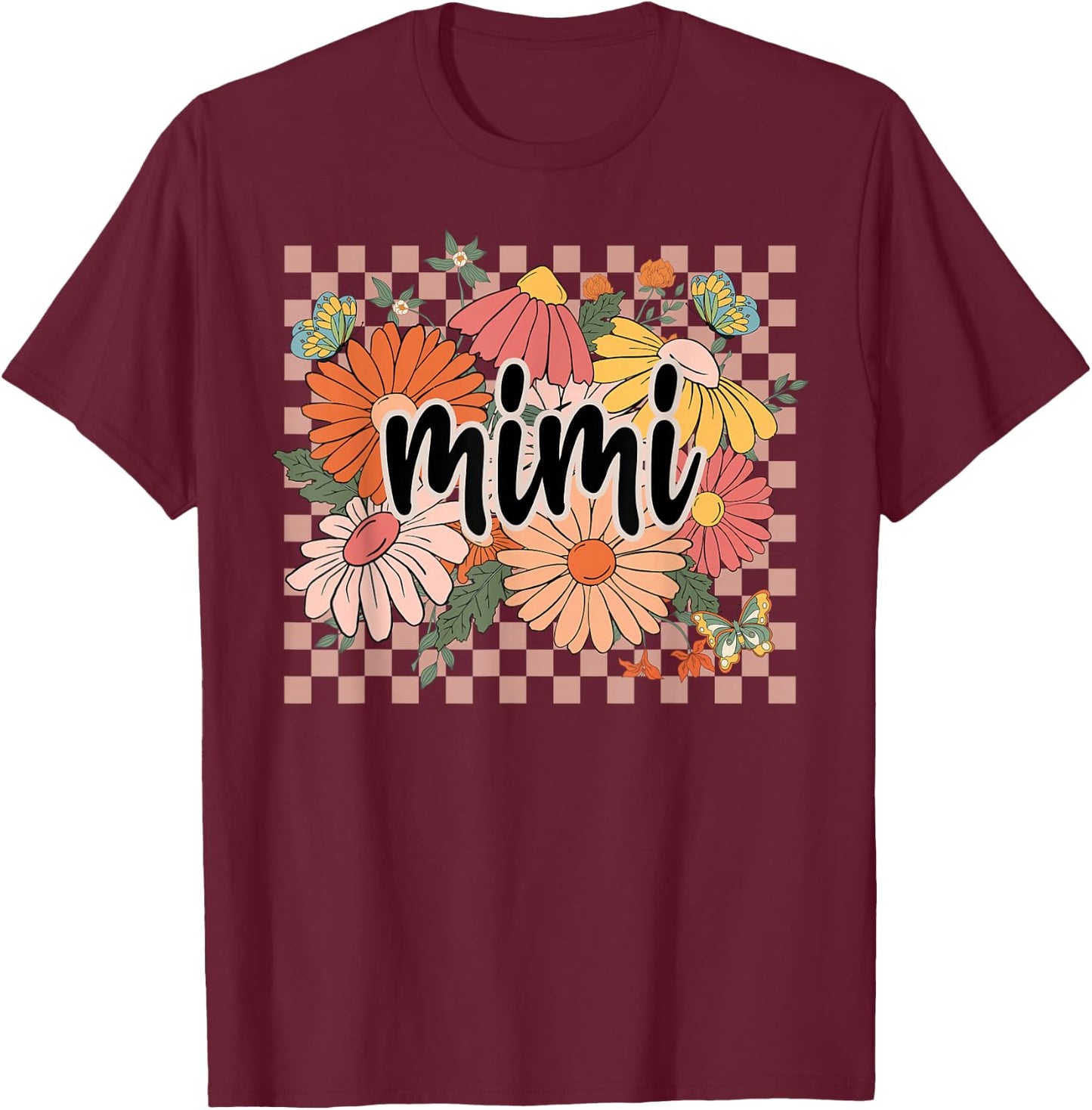 Mimi Floral Mother's Day Wildflower Girl Women Checkered T-Shirt - T-Shirt | Maroon