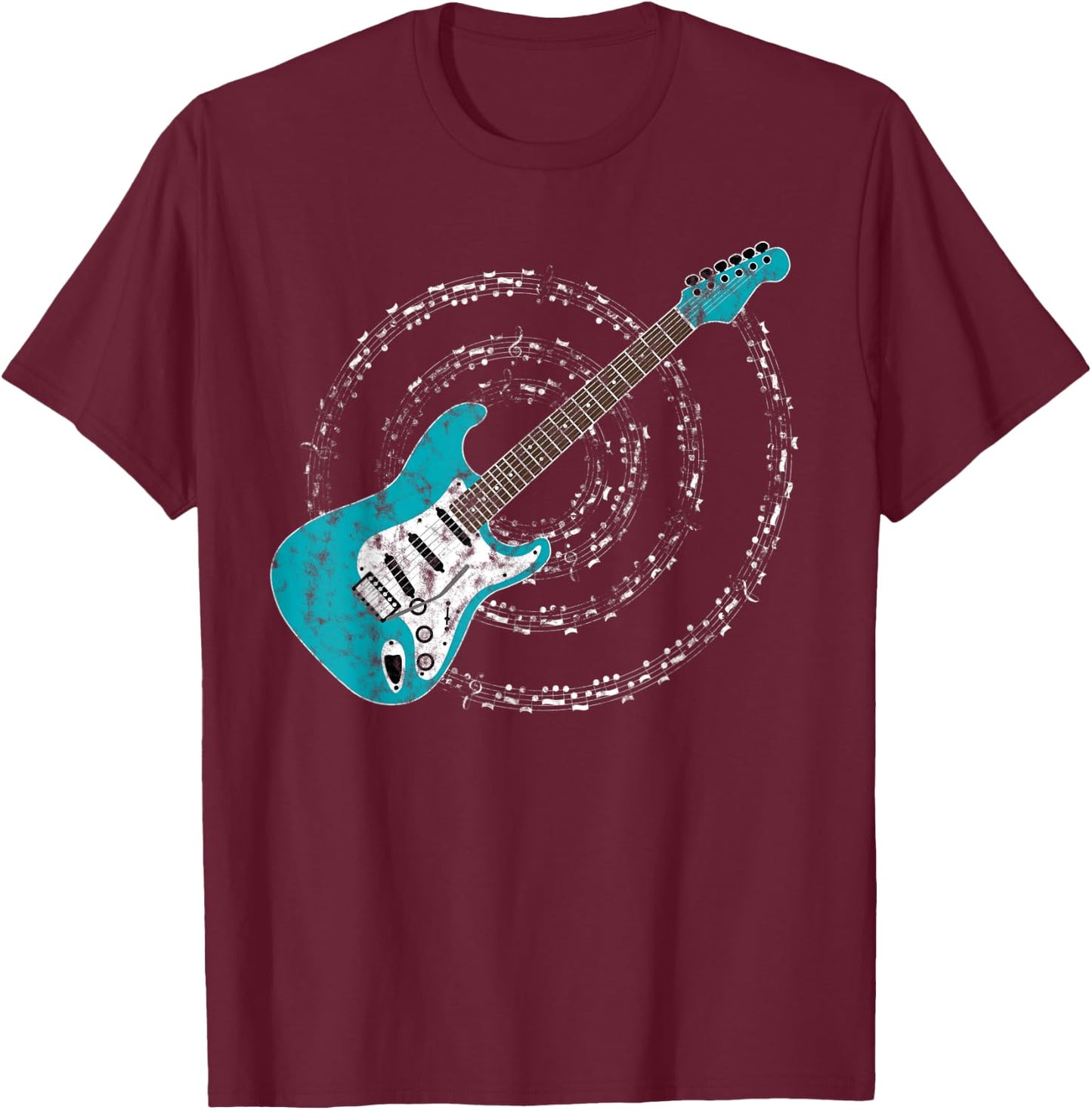Surf Green Aqua Blue Electric Guitar Spiraling Musical Notes T-Shirt - T-Shirt | Maroon