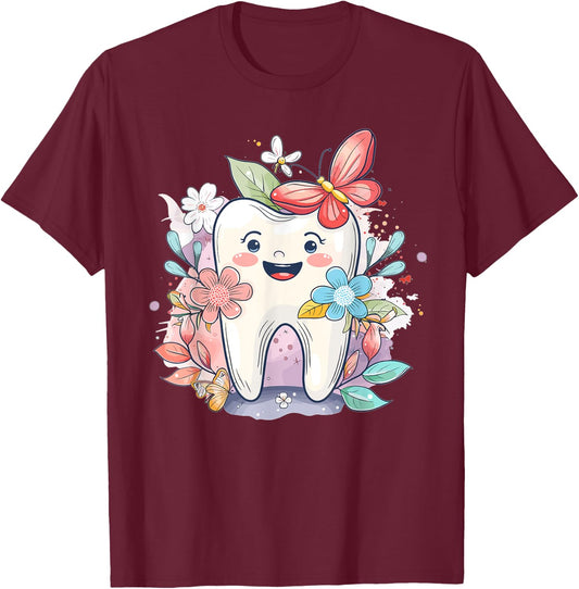 Cute Tooth With Flower I Kids Tooth T-Shirt - T-Shirt | Maroon