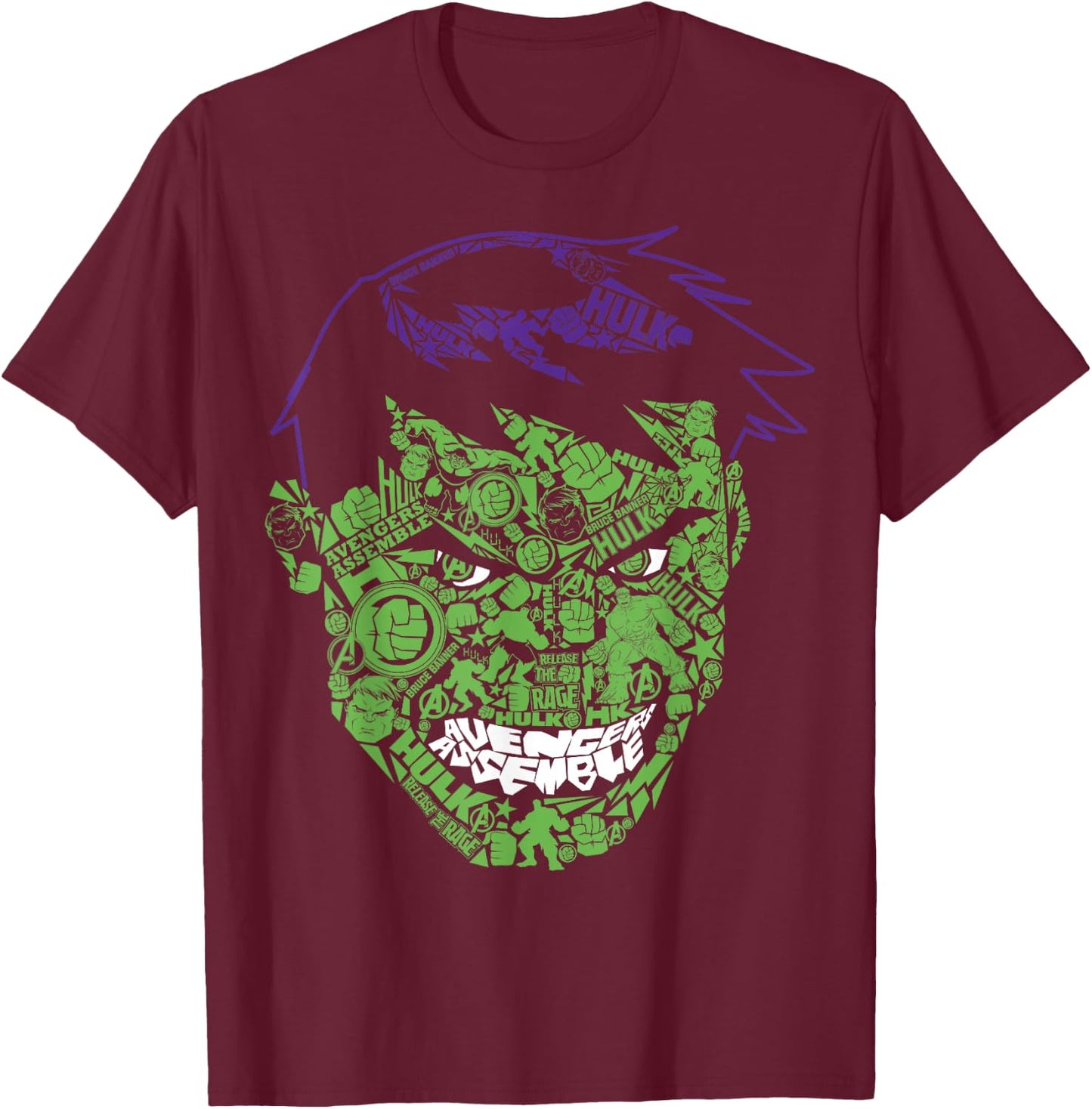 Marvel Hulk Angry Face Build Up Fill Graphic T-Shirt - T-Shirt | Maroon