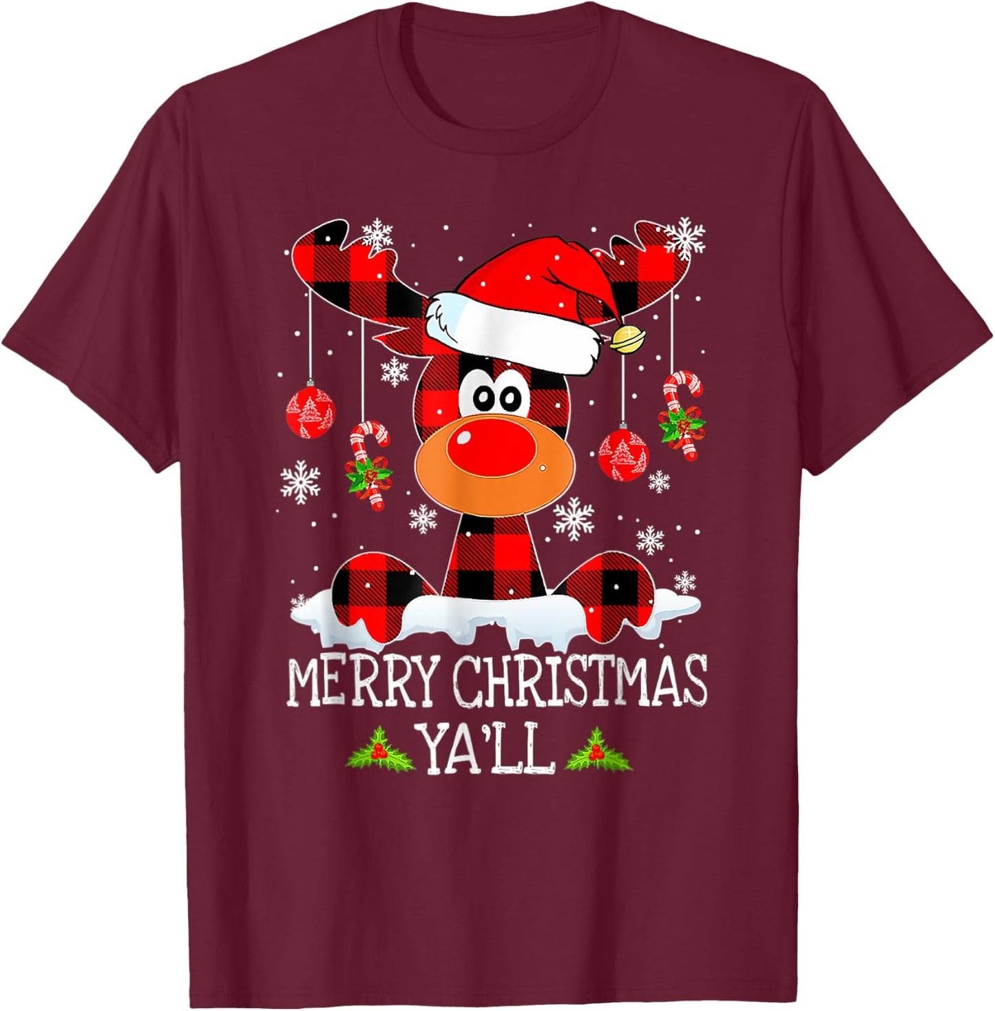 Merry Christmas Ya'll Reindeer Santa Hat Buffalo Red Plaid T-Shirt - T-Shirt | Maroon
