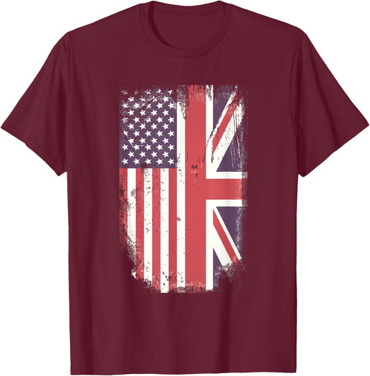 American Flag & British Flag USA UK Stars Stripes Union Jack T-Shirt - T-Shirt | Maroon
