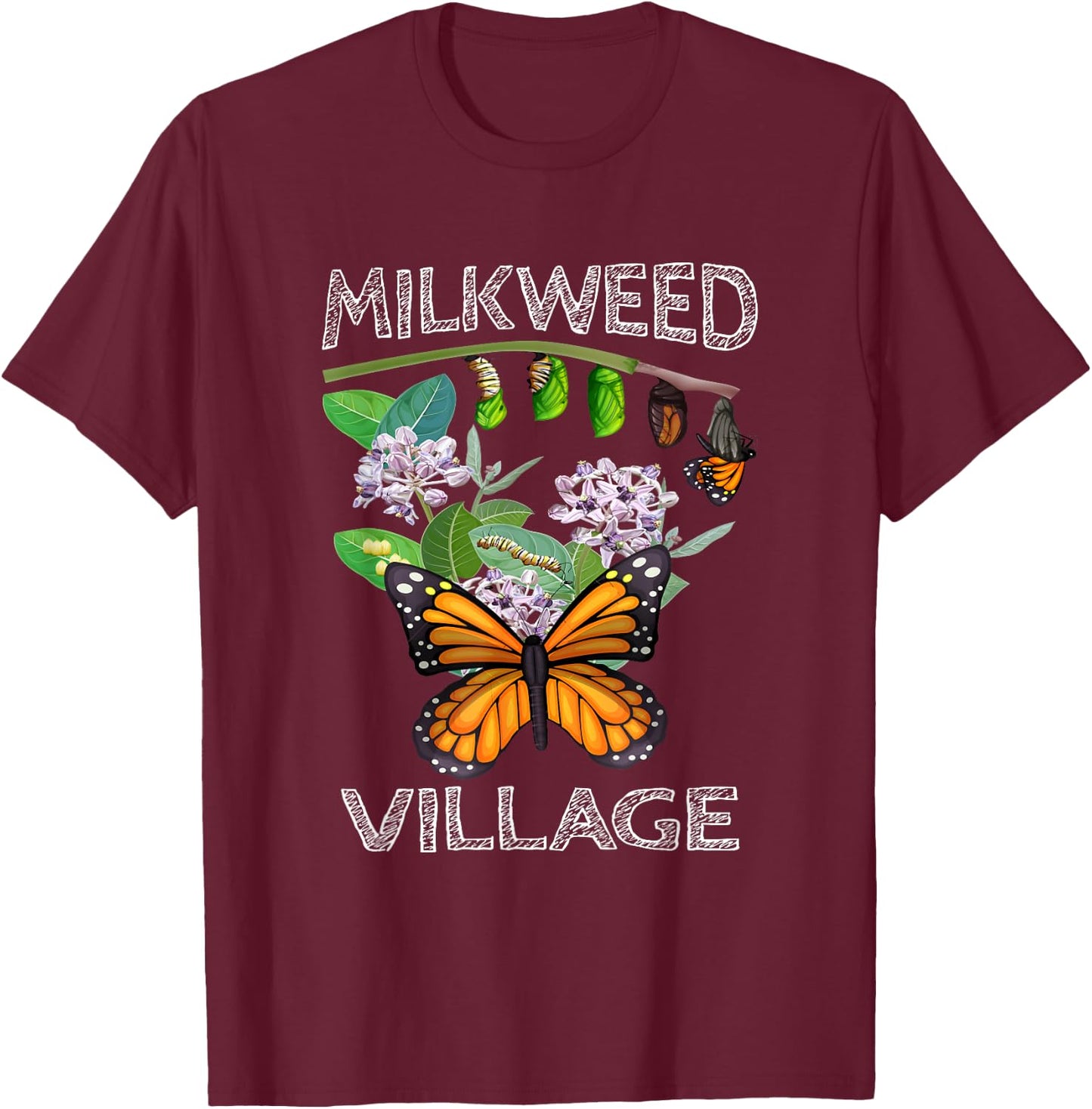 Milkweed Village Monarch Butterfly Metamorphosis T-Shirt - T-Shirt | Maroon