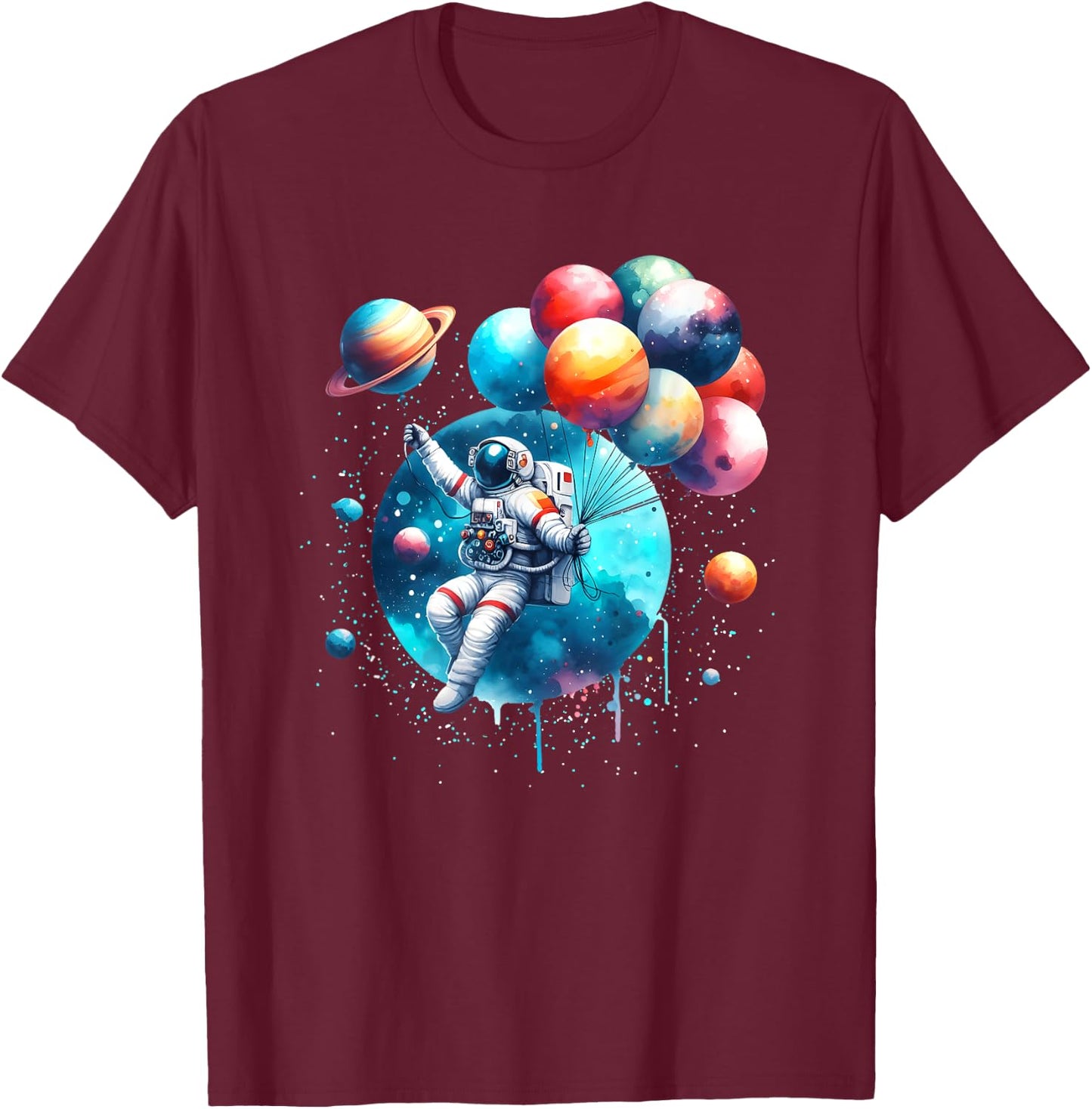 Astronaut Holding Planet Balloons Boys Girls Kids T-Shirt - T-Shirt | Maroon