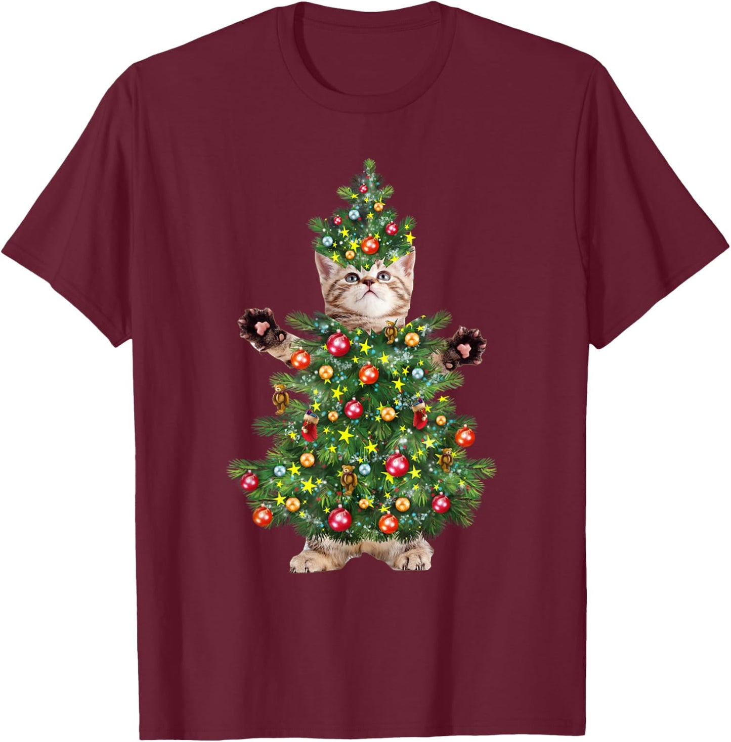 Funny Cat Christmas Tree Xmas Gifts Men Women Kids T-Shirt - T-Shirt | Maroon
