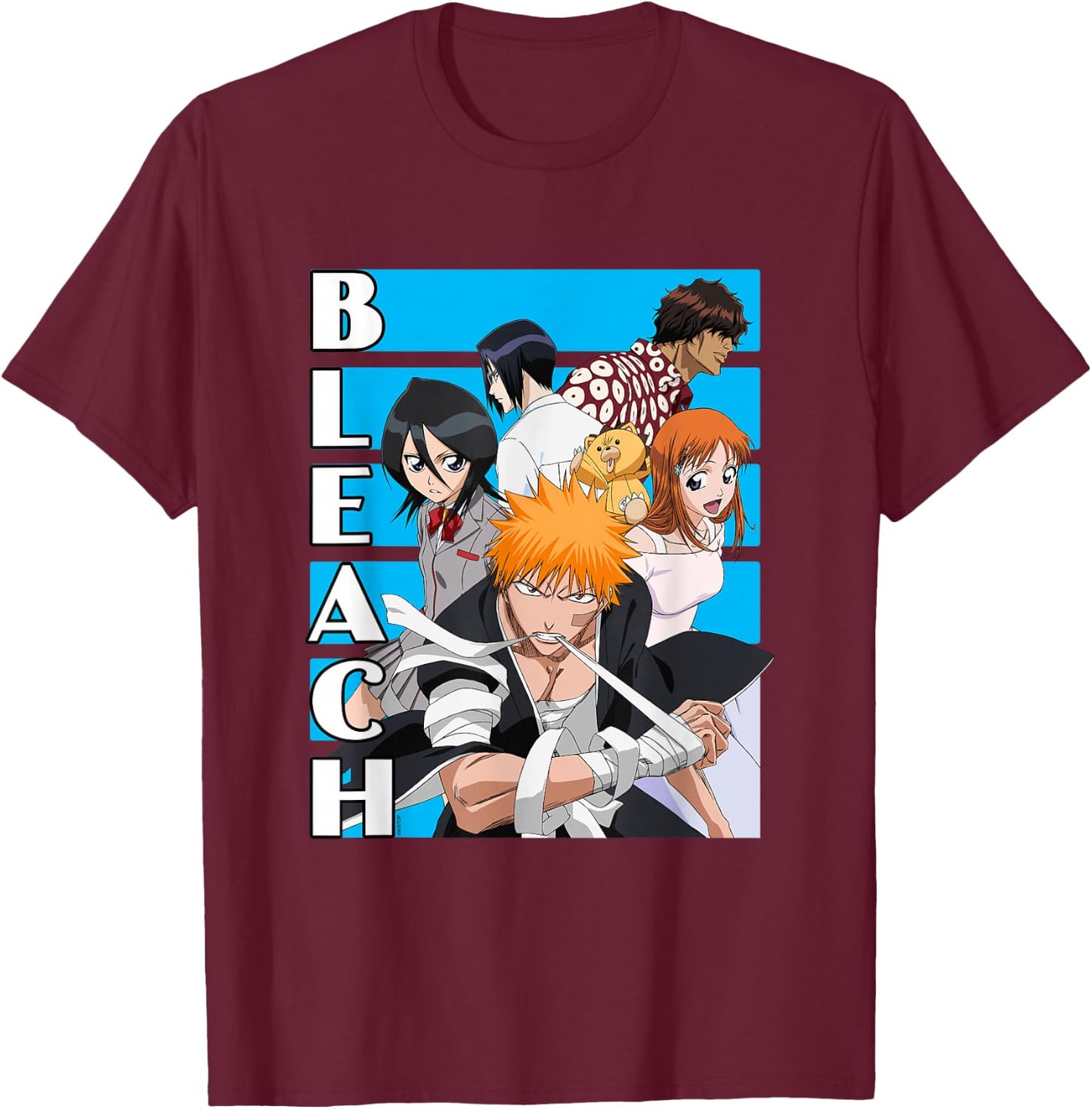 Bleach Characters with Blue Lines and Logo Anime T-Shirt - T-Shirt | Maroon