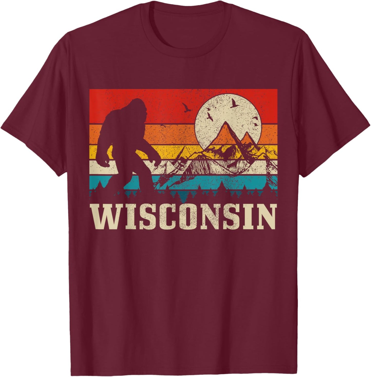 Wisconsin Bigfoot Vintage Mountains Hiking Hunter Gift T-Shirt - T-Shirt | Maroon