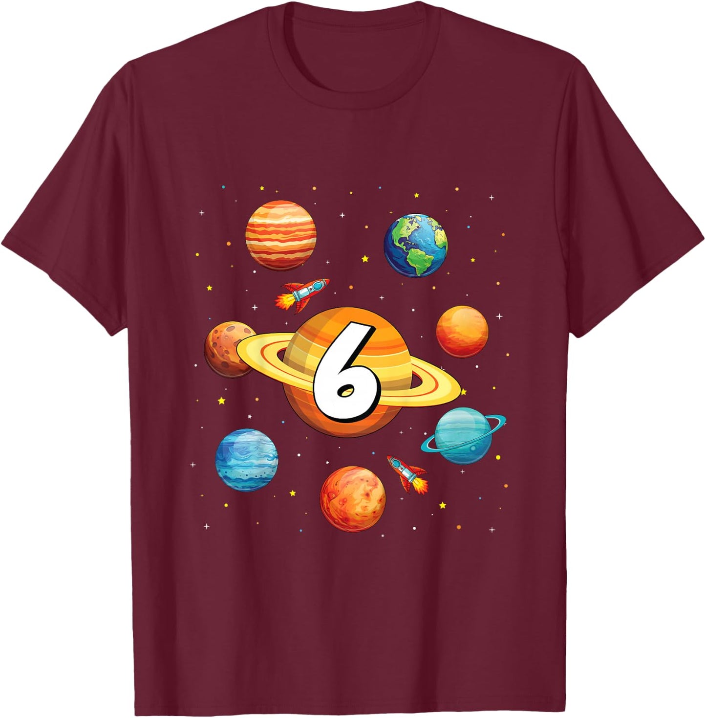Kids 6 Year Old Shirt Boys Kids Space Solar Planets 6th Birthday T-Shirt - T-Shirt | Maroon