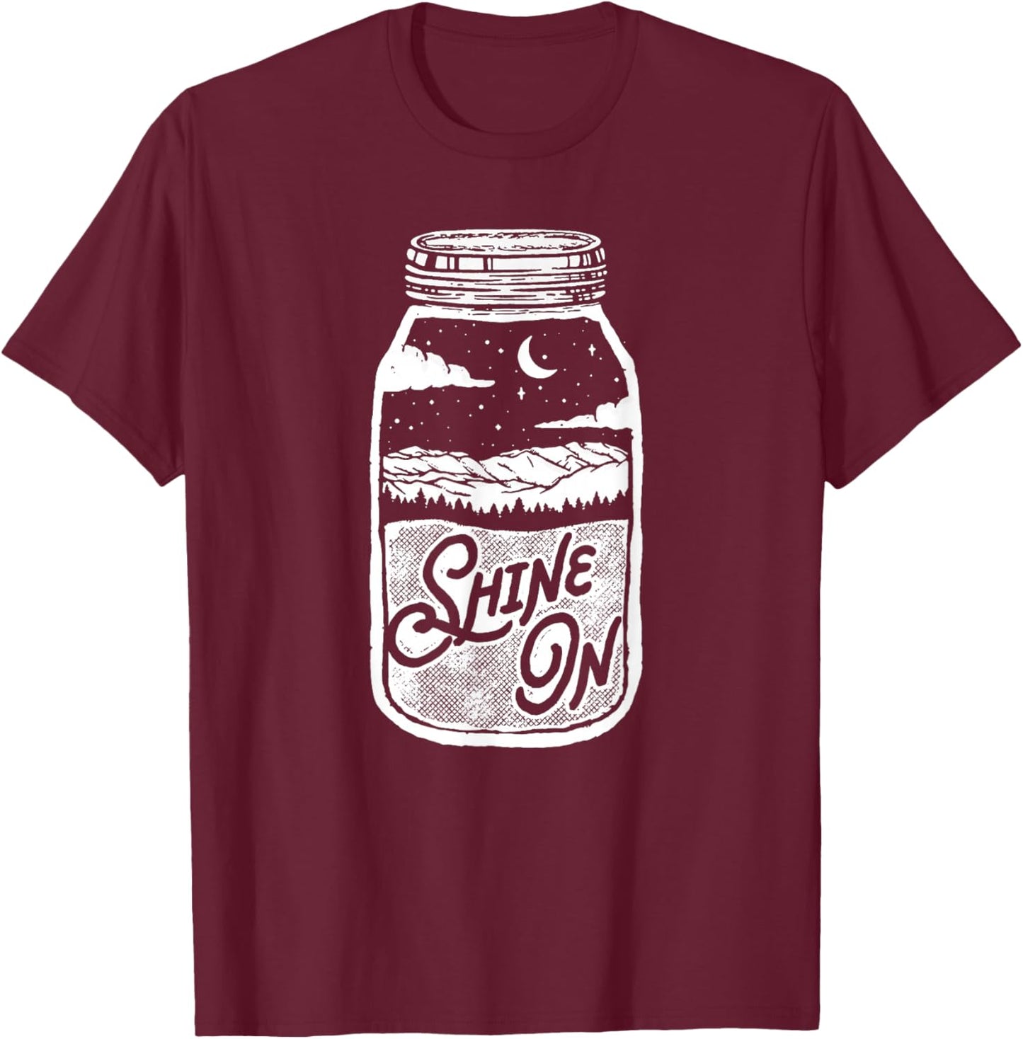 Shine On! Moonshine Lover Jar Design Moon & Mountains T-Shirt - T-Shirt | Maroon