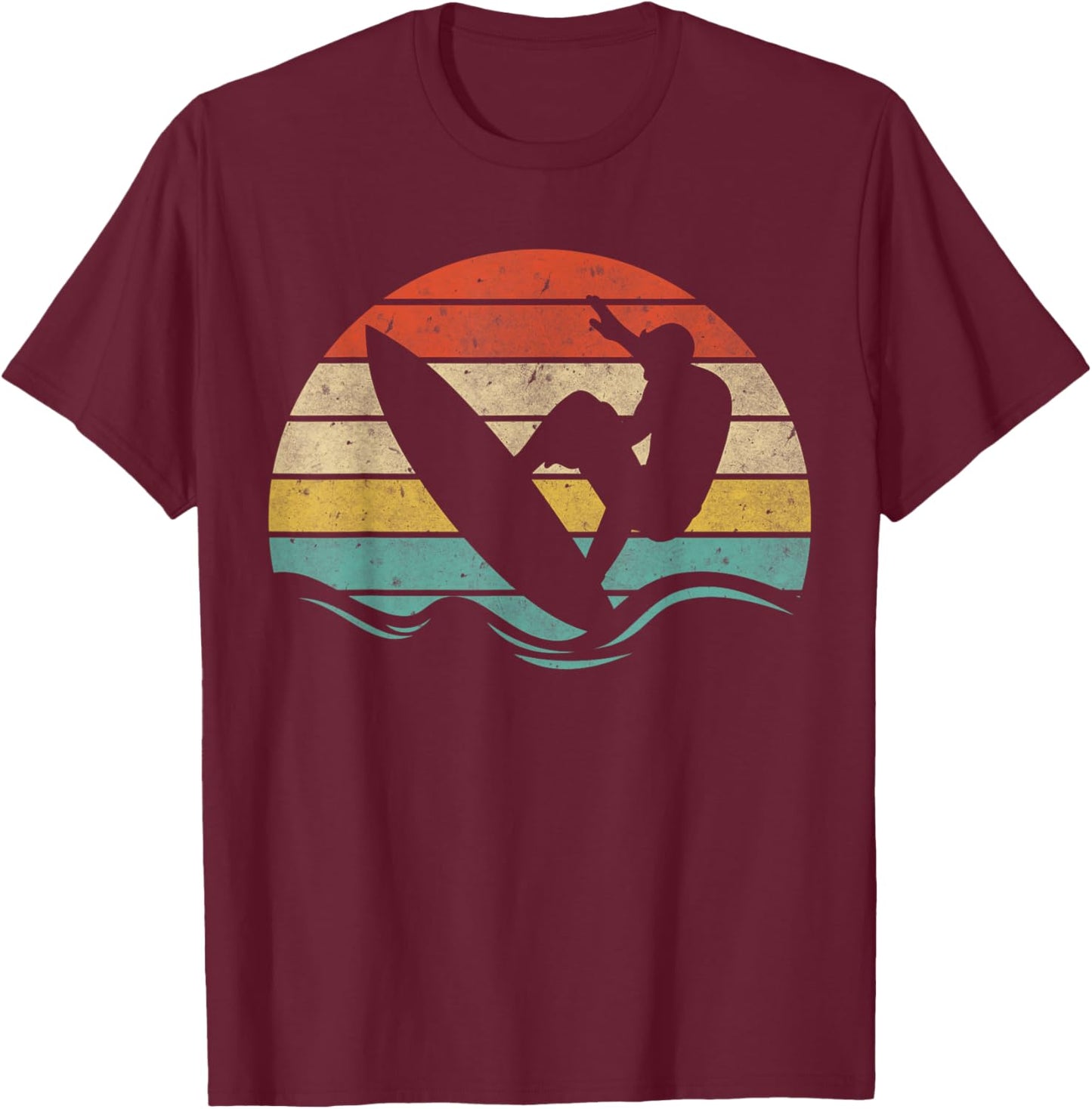 Vintage Retro Surfing Sunset Distressed Surfboarder Wave Gif T-Shirt - T-Shirt | Maroon
