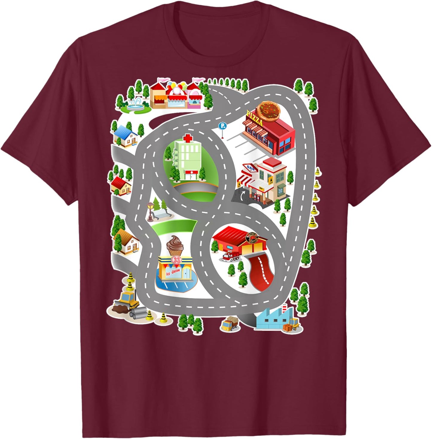 Play Mat Road Map Play City Roads Massage Race Track T-Shirt - T-Shirt | Maroon