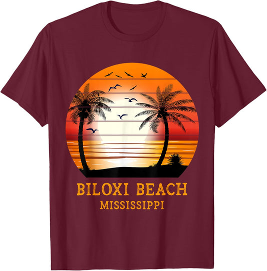 Biloxi Beach Mississippi Vintage Sunset Retro Summer Vacay T-Shirt - T-Shirt | Maroon