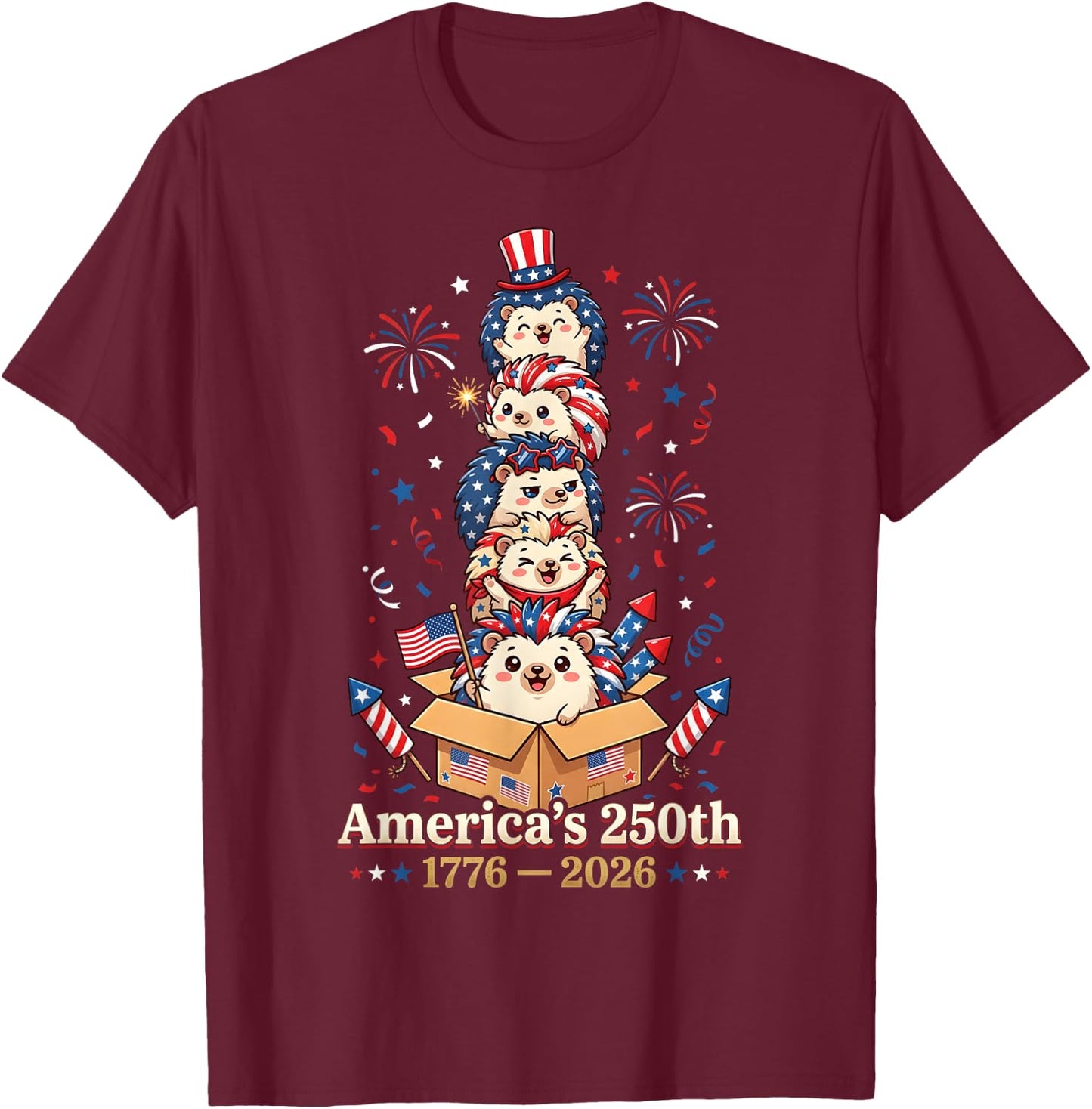 Hedgehog America's 250th Anniversary 1776 2026 4th of July T-Shirt - T-Shirt | Maroon