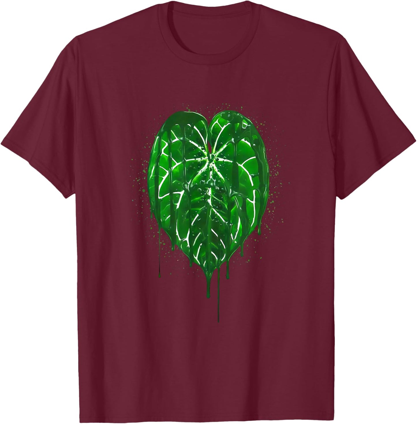 Anthurium Leaf Art Green Drip Style Botanical Design T-Shirt - T-Shirt | Maroon