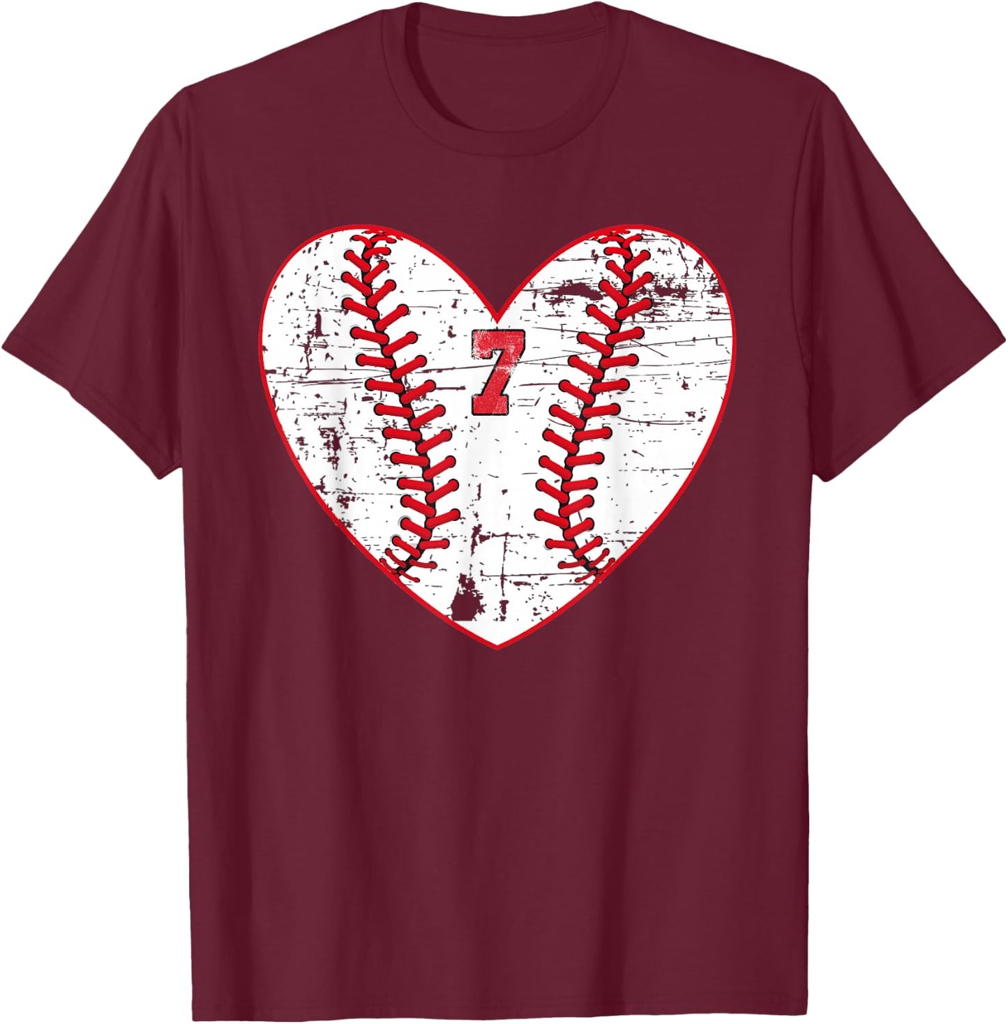 Baseball Distressed Heart Number 7 Sports Gift T-Shirt - T-Shirt | Maroon