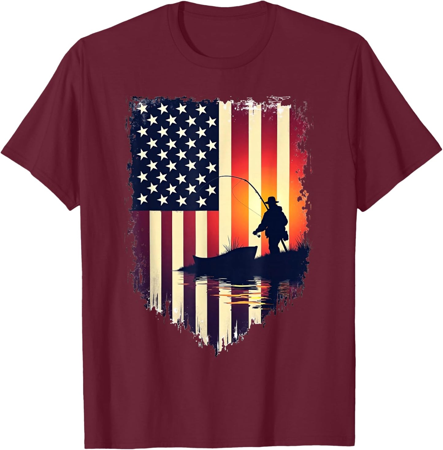 American Flag 4th of July Fish Fisherman Funny Bass Fishing T-Shirt - T-Shirt | Maroon