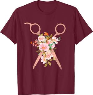Hairstylist Floral Scissors - Hairdresser Barber Salon Shop T-Shirt - T-Shirt | Maroon