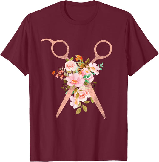 Hairstylist Floral Scissors - Hairdresser Barber Salon Shop T-Shirt - T-Shirt | Maroon