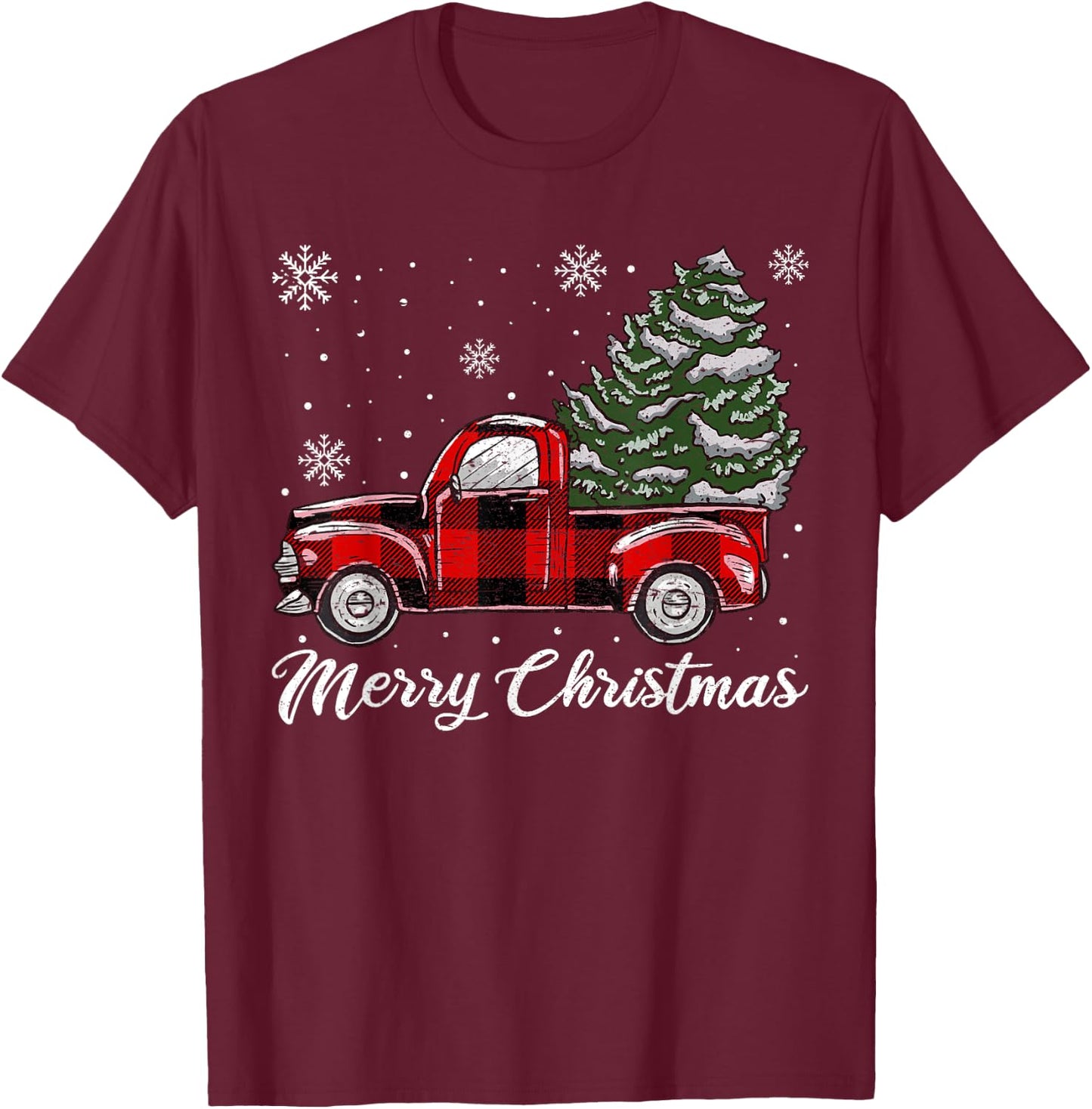 Christmas Tree Red Truck Pajama, Vintage Buffalo Plaid Truck T-Shirt - T-Shirt | Maroon