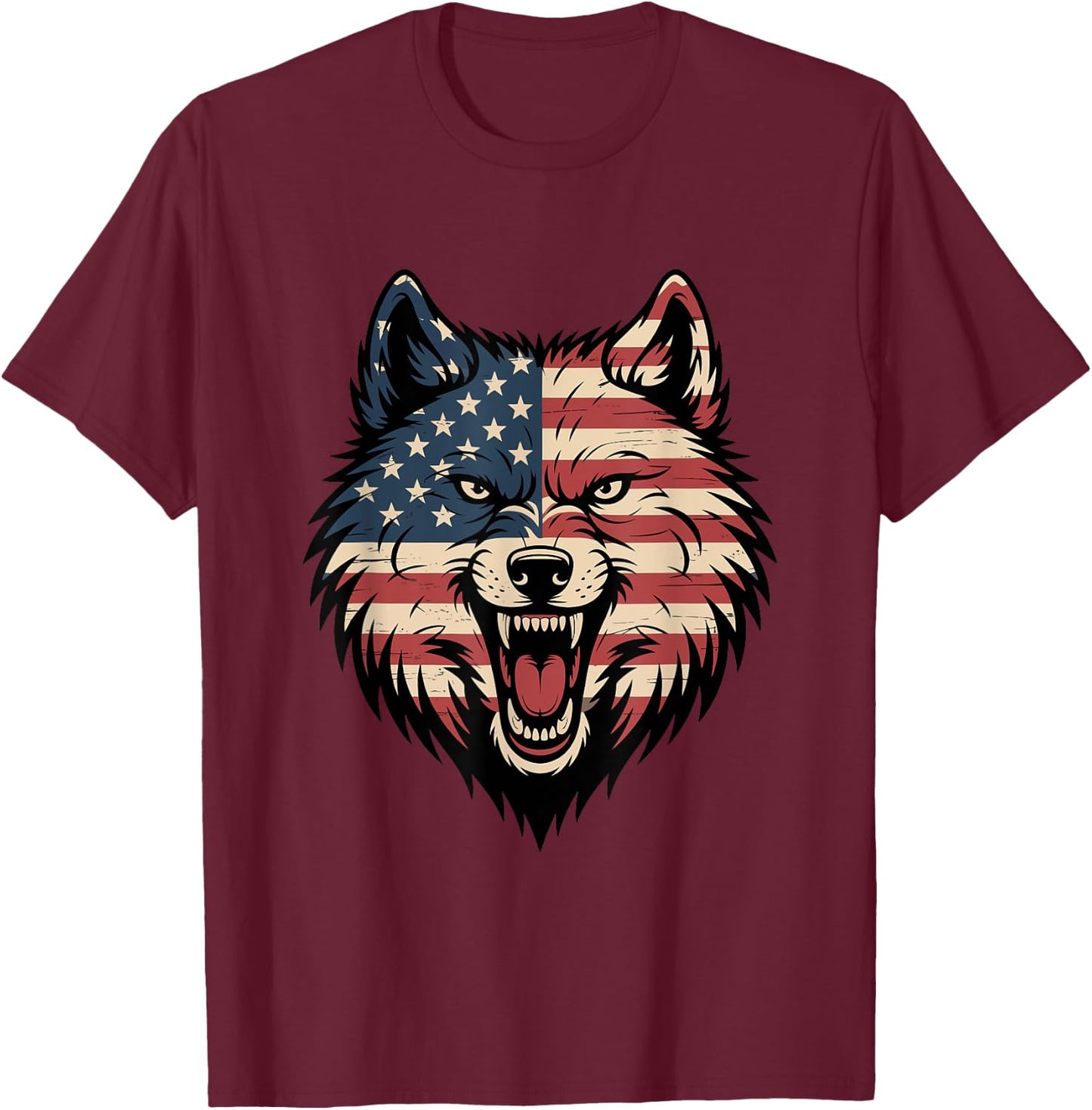 4th of July USA American Flag Wolf Patriotic Wolf Freedom T-Shirt - T-Shirt | Maroon