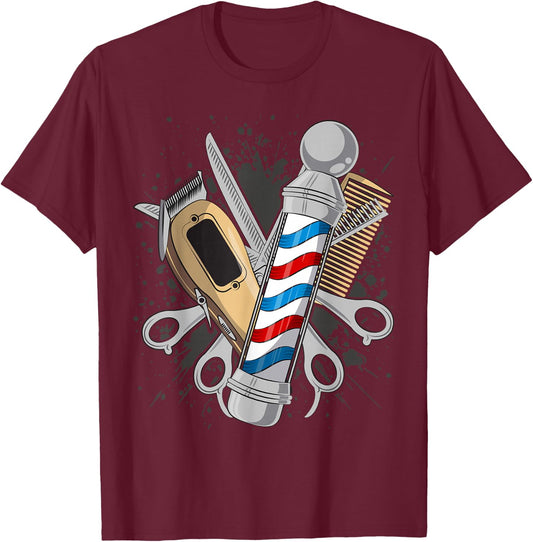 Barbers Pole Scissor Hair Clippers Comb T-Shirt - T-Shirt | Maroon