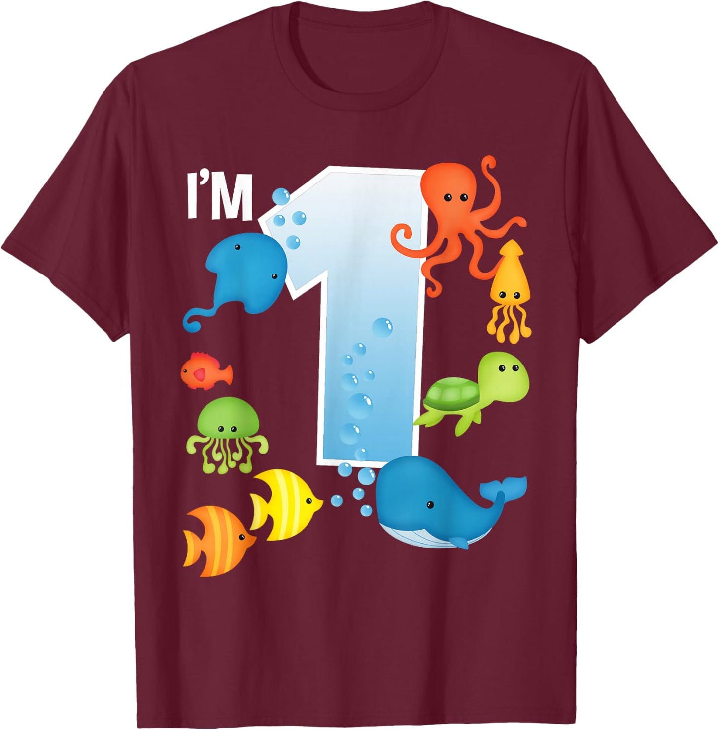 Ocean See Underwater 1 Year Old Under The Sea Birthday Party T-Shirt - T-Shirt | Maroon