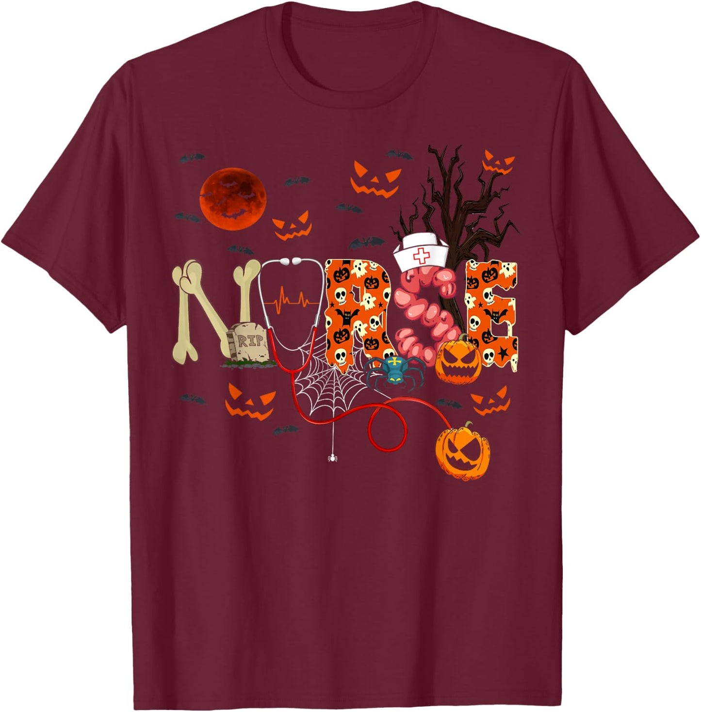 Nurse Funny Stethoscope Nurse Pumpkin Skull Lover Halloween T-Shirt - T-Shirt | Maroon