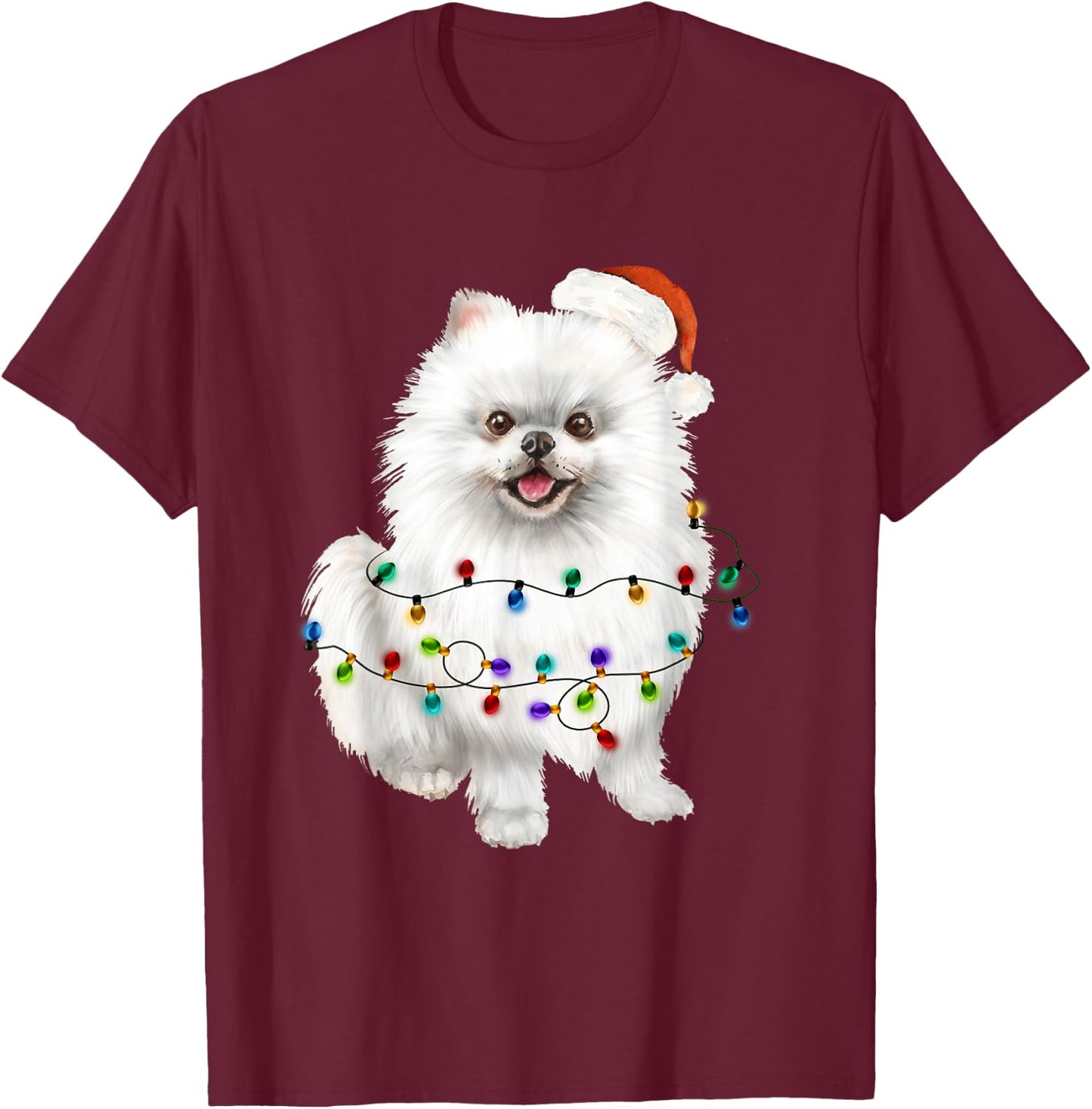 Pomeranian White Santa Christmas Tree Lights Xmas Dog Lover T-Shirt - T-Shirt | Maroon