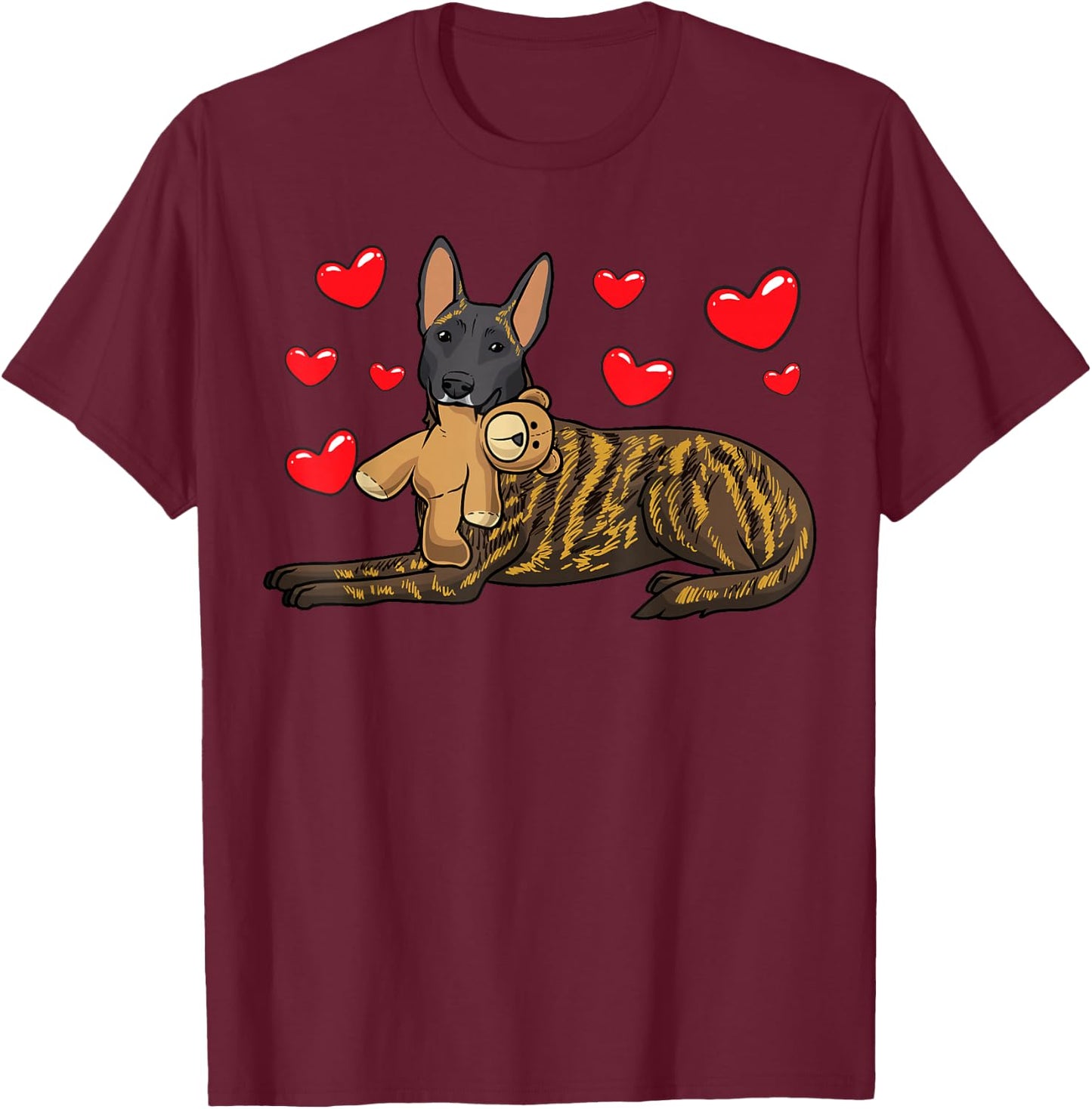 Hollandse Herdershond Dog with Cuddly Toy and Many Hearts T-Shirt - T-Shirt | Maroon