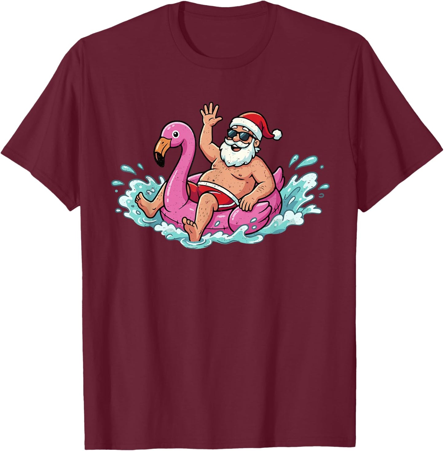 Santa Flamingo Floatie Summer Christmas in July Men Women T-Shirt - T-Shirt | Maroon