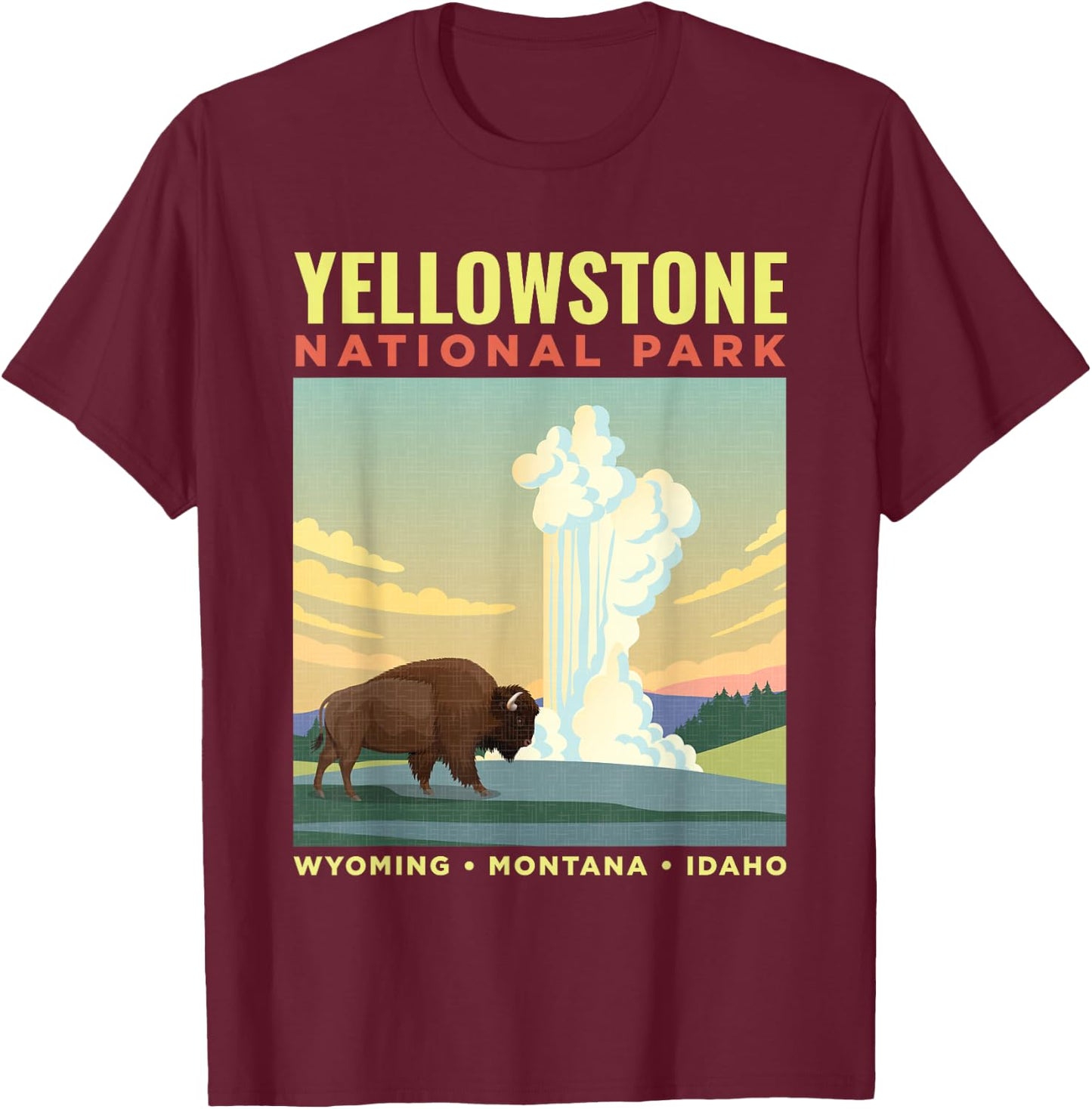 Yellowstone US National Park Bison Vintage Gift T-Shirt - T-Shirt | Maroon