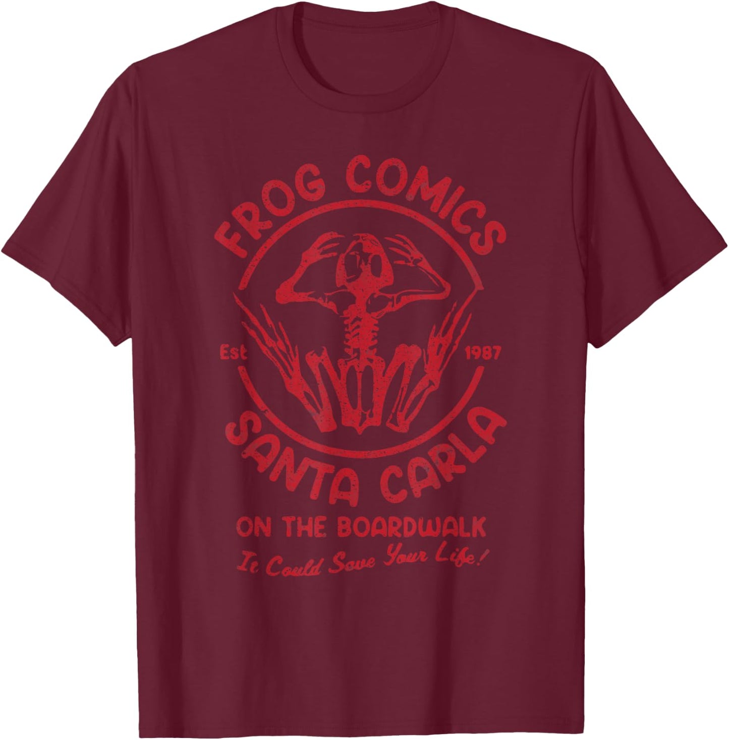 Vintage Frog Comics Santa Carla On The Boardwalk T-Shirt - T-Shirt | Maroon