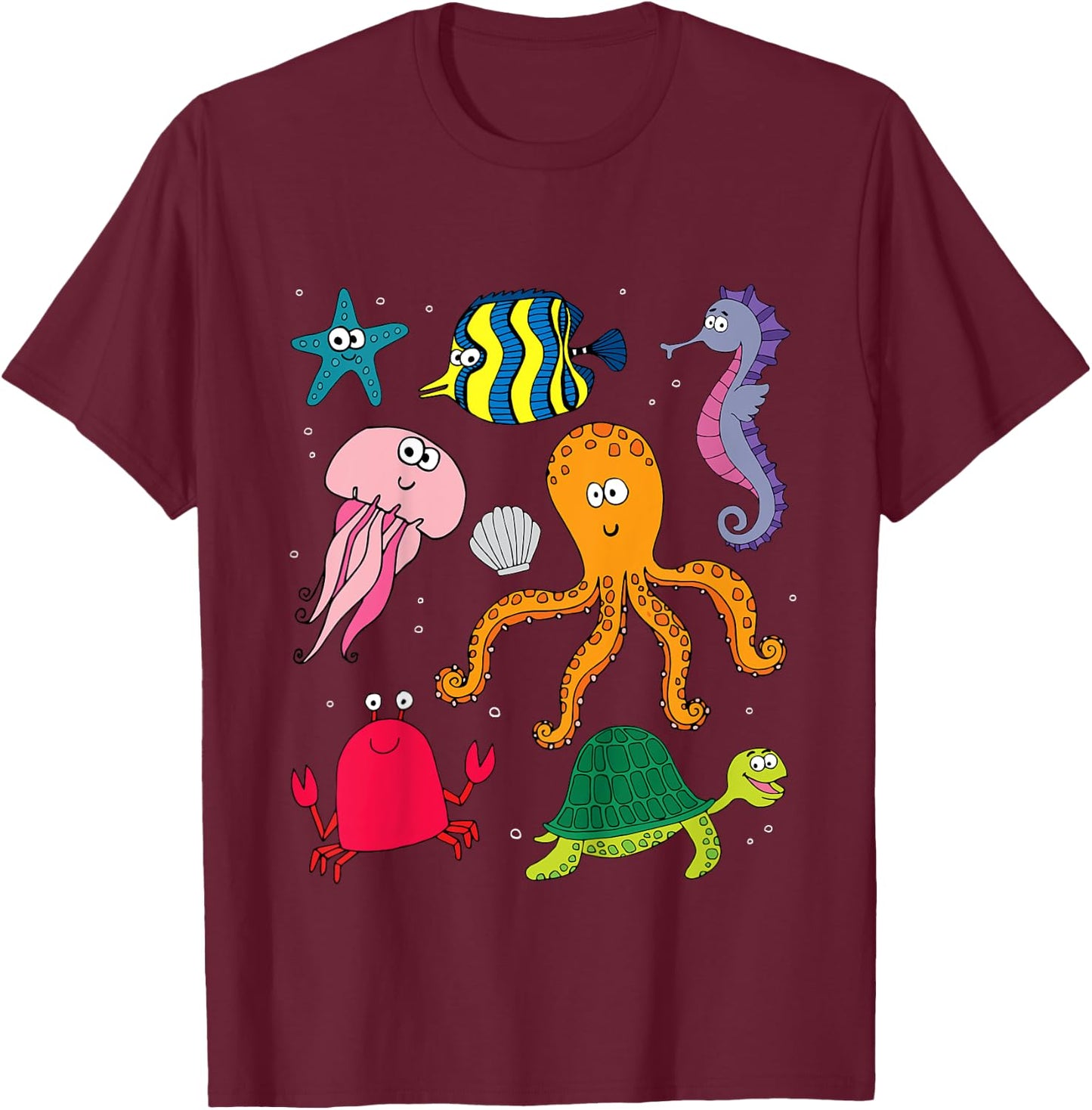 Beach Sea Creatures Ocean Animals Turtle Octopus Fish Girls T-Shirt - T-Shirt | Maroon