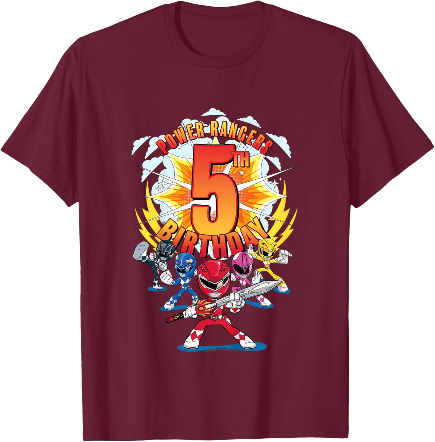 Kids Power Rangers 5th Birthday Power Pose Group T-Shirt - T-Shirt | Maroon