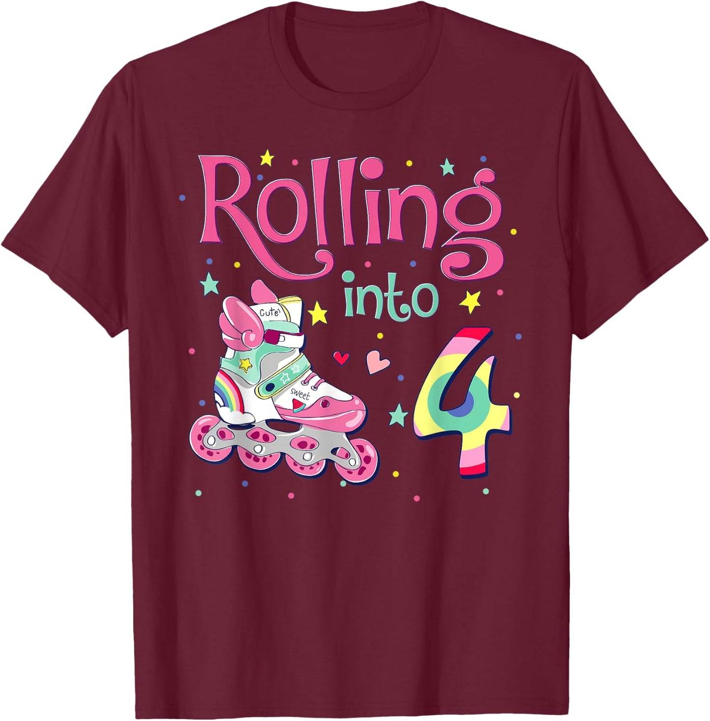 4th Bday Rolling Into 4 Birthday Girl Roller Skate Party T-Shirt - T-Shirt | Maroon