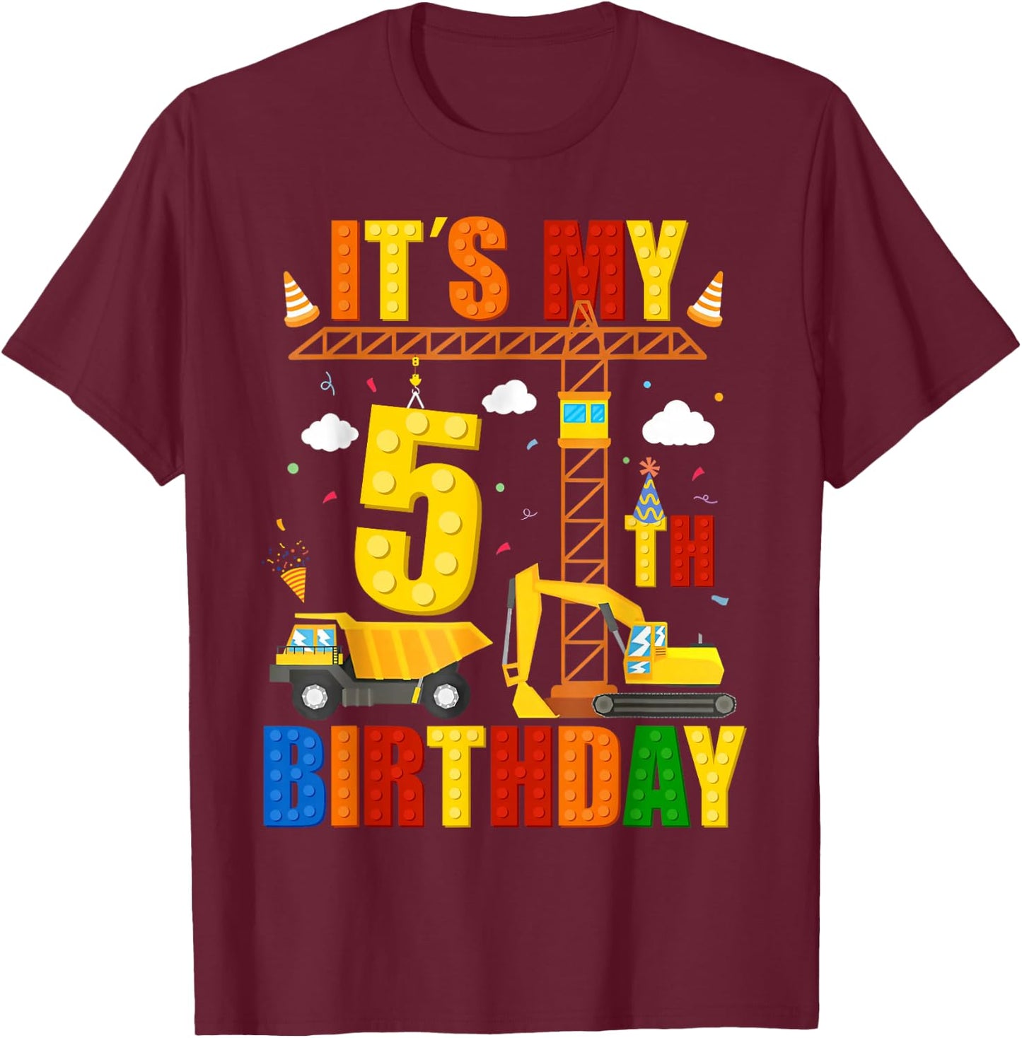 It's My 5th Birthday Construction Excavator Birthday Boys T-Shirt - T-Shirt | Maroon