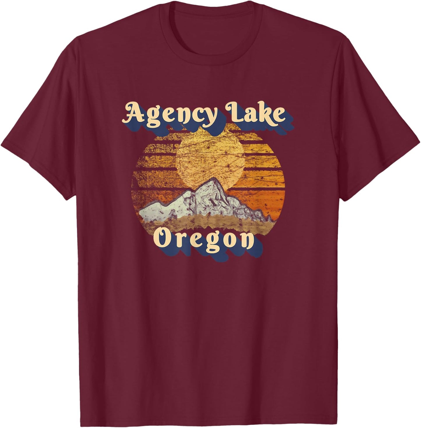 Agency Lake Oregon Retro Mountain Sunset Styled T-Shirt - T-Shirt | Maroon